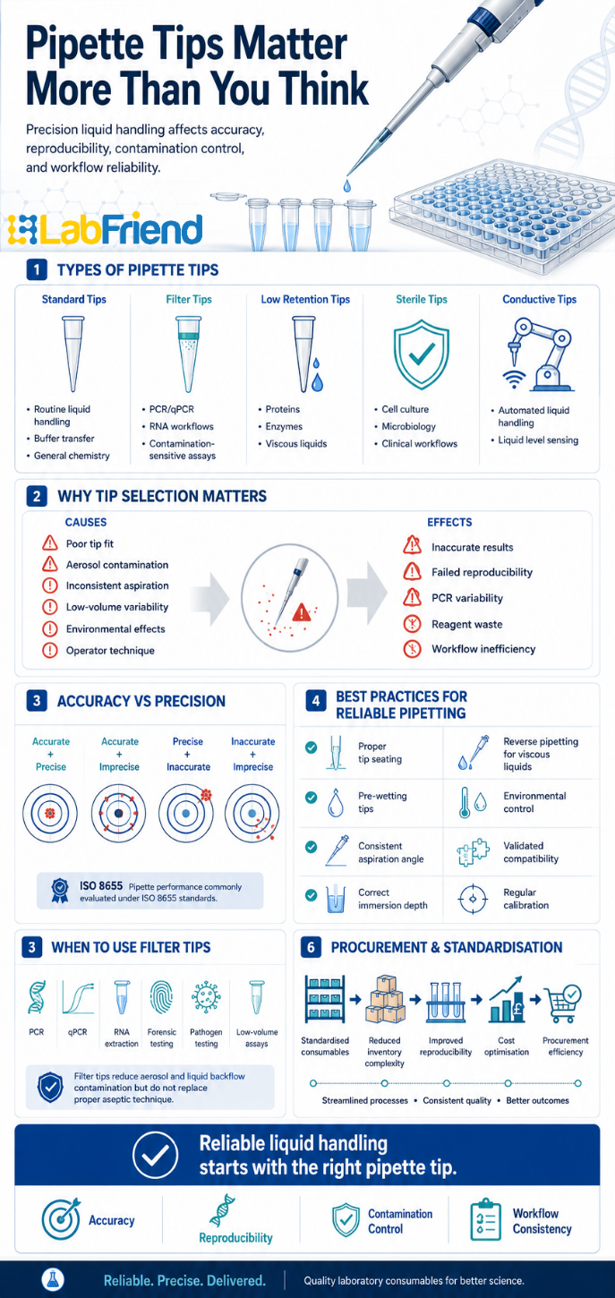 Scientific infographic titled ‘Pipette Tips Matter More Than You Think’ explaining pipette tip types, pipetting accuracy, contamination control, filter tip applications, best practices for reliable pipetting, ISO 8655 accuracy versus precision concepts, and laboratory procurement standardisation. The infographic features clean blue-and-white laboratory visuals including micropipettes, PCR plates, molecular biology icons, robotic liquid handling graphics, and workflow diagrams in a modern biotech design style.”